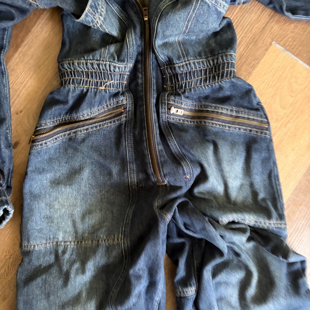 We The Free Free People Denim Jumpsuit Hooded Medium Wash Blue Utility Zip S - Picture 4 of 8
